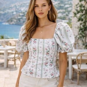 Reformation Arancini Linen Puffed Sleeve Top in Heath Floral Size 2